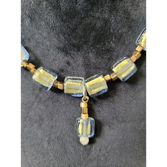 Women's Blue And Gold Glass Beaded Necklace With Barrel Screw Clasp Lock - Picture 2 of 6